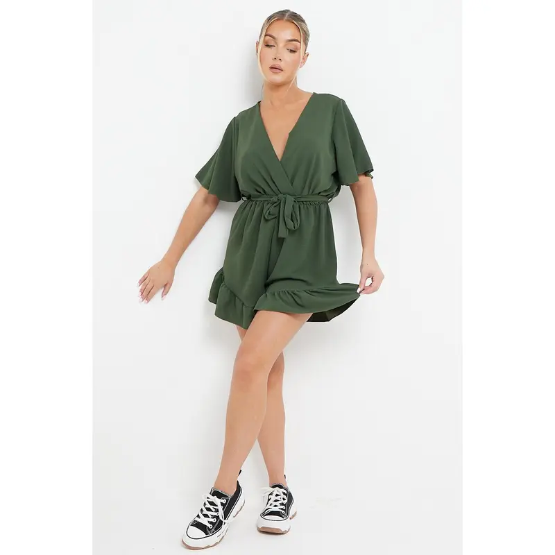 Women's Solid Color V Neck Wrap Ruffle Hem playsuit 1