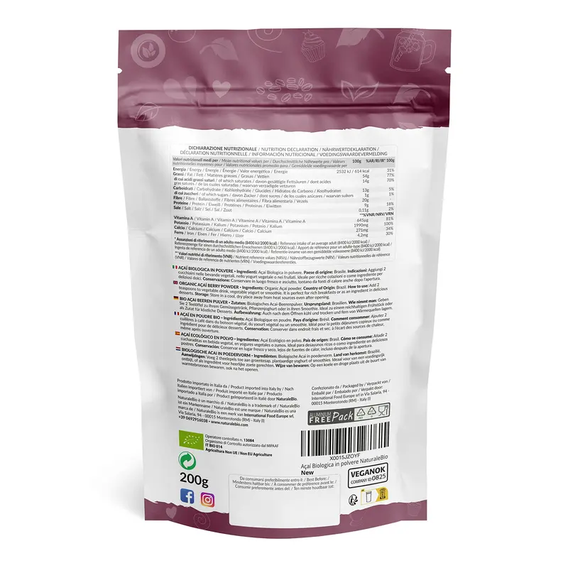 Organic Acai Berries Powder - Freeze-Dried - 200g. Brazilian Acai, Lyophilised, Raw. Extract from Açai Berry Pulp. Vegan & Vegetarian Friendly 1