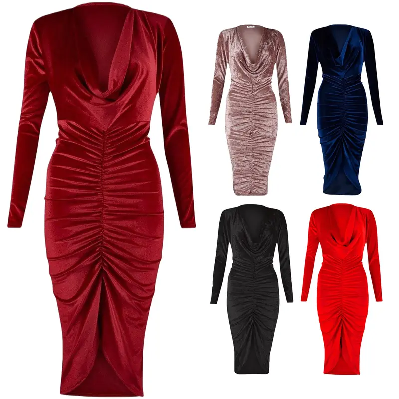 Women’s Bodycon Midi Dress Ladies Velvet Ruched Party Dresses Long Sleeve Cowl Neck Womens Event And Club Wear Plus Size UK 8-26 Formal Comfort Womenswear Fit Chic Formal Wear Elegance Elegant 0
