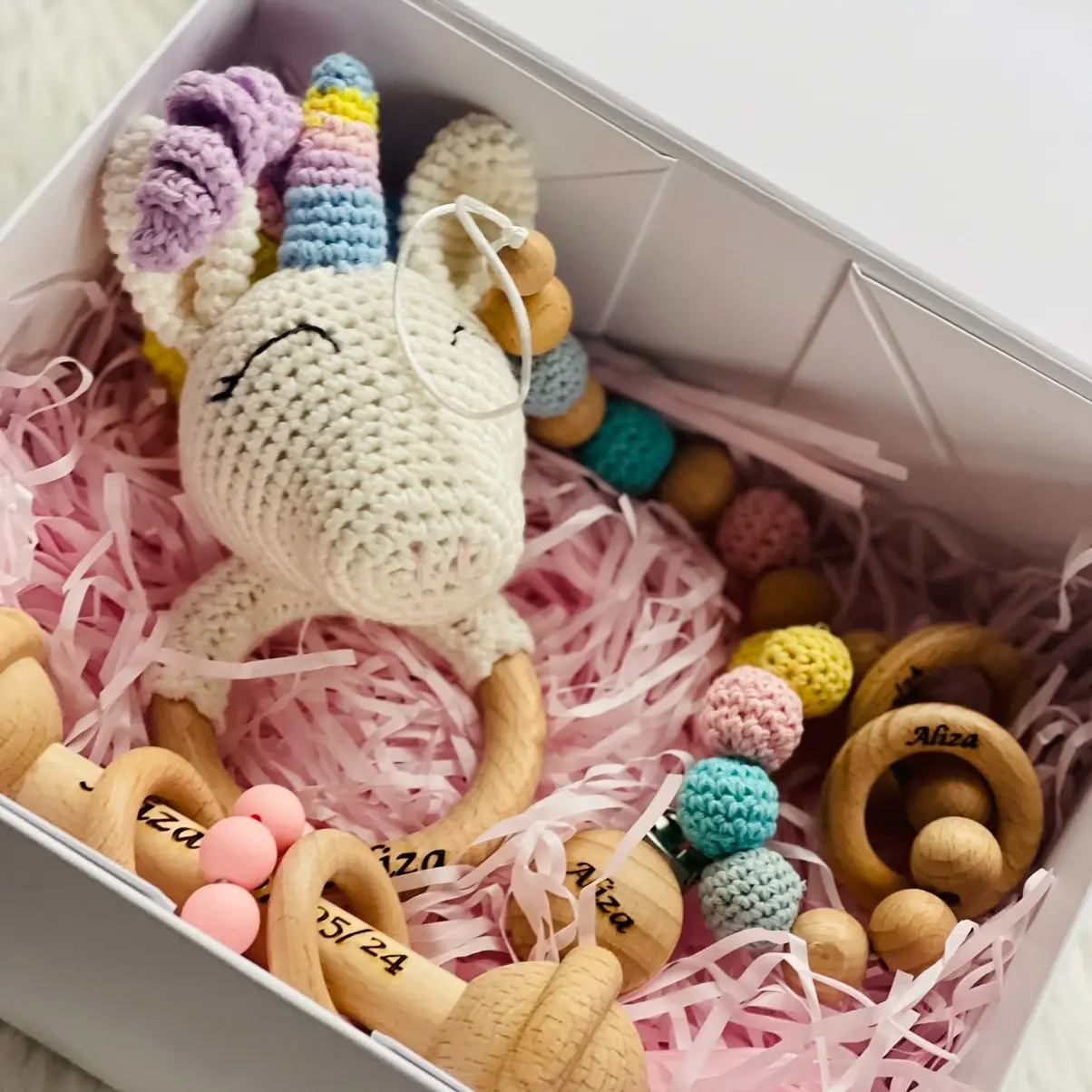 Personalised Crochet Baby Toy Gift Set for Newborns to First Years with Dummy Clip