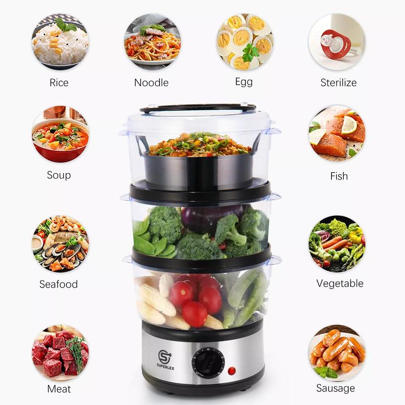3-Tier Food Vegetable Meat Steamer Electric 7.5L Large With Rice Bowl 1