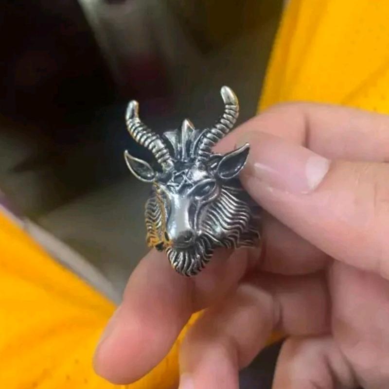 Baphomet Goat Head Black Death Satanic Pentagram Hornet Ram Retro Gothic Ring Male Anniversary Auspicious 1