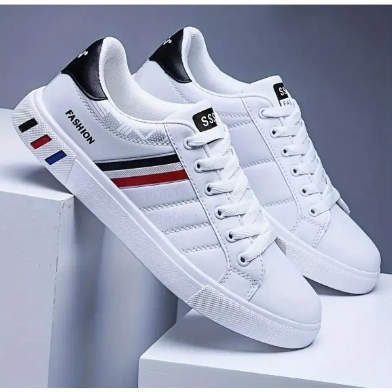 Men's All-Season Business Casual Sneakers: Anti-Slip, Lace-Up with Breathable Mesh Upper & Soft EVA Sole - Striped Low-Top in White/Navy/Blue for Outdoor Activities & Sports