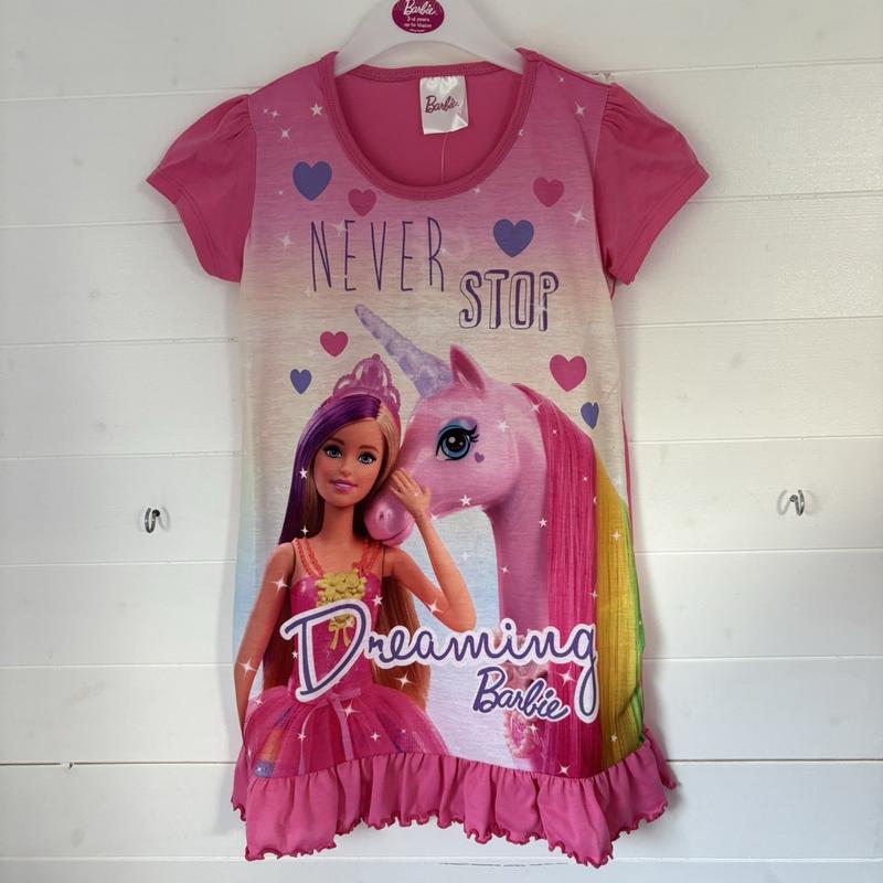 Product Introduction of Barbie Unicorn Girls Nightdress Nighty Nightie Night Dress Pink Pyjamas Pjs Nightwear Sleepwear Character Never Stop Dreaming Short Sleeve Kids Childrens Toddler Princess Frill 2