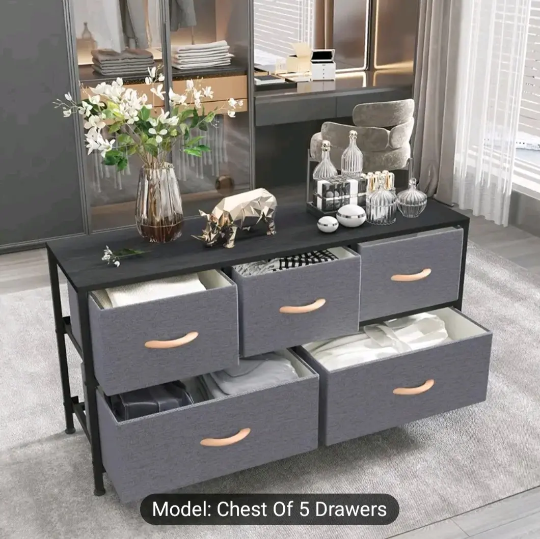 Fabric Chest Of Drawers With 5 Large Storage Drawers, Wooden Top & Metal Frame Dresser, Ideal Organizer For Bedroom Or Living Room Dark Grey