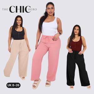 ChicHero Solid Woven Elastic Adjustable Drawstring Waist Wide Leg Comfort & Basic Pants Casual Trouser Womenswear Boho Bottom Clothing Dress Fit