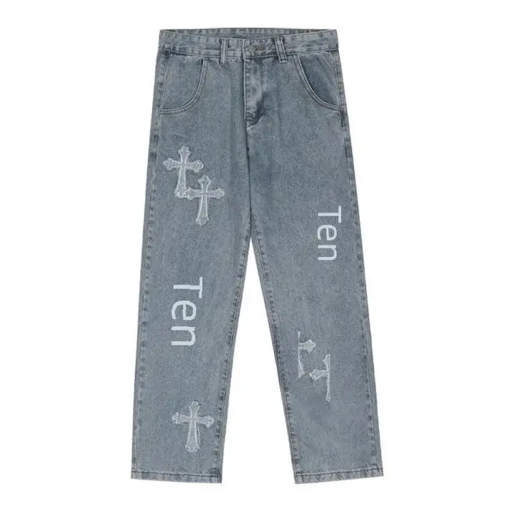 Trendy High-street Cross-stitch Jeans For Men Hip-hop Streetwear Straight-leg Loose-fit Wide-leg Long Pants Casual Scene Menswear Trouser 2