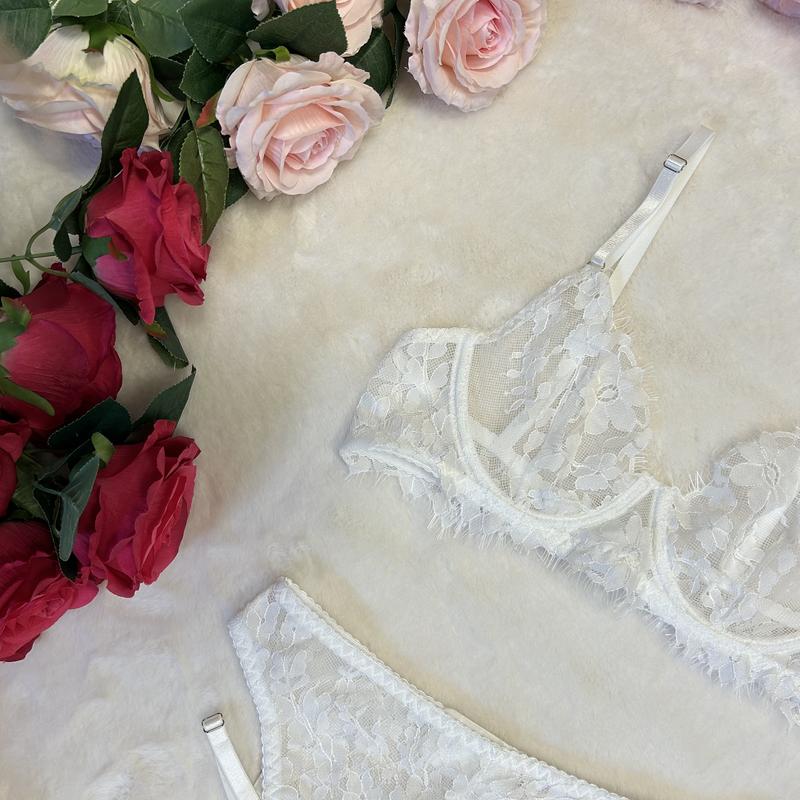 LILIOSA LINGERIE High Quality White Lace 3 Piece Lingerie Set (Bra+Garter+Pants) Comfort Womenswear Underwear, Everyday Feminine Thong, Bridal Matching Fit, Adjustable Spaghetti Straps, Soft Lace, Women's Clothing, Girl Gift 1