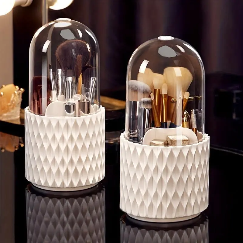 1pc Makeup Brush Storage Box, 360° Rotating Pen Holder, Desktop Storage Box, Dustproof And Waterproof Cosmetics Organizer With Lid For Vanity And Bathroom Desk Storage Organization, Plastic Pen Holder