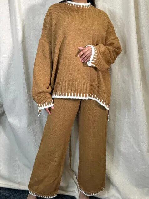 Product Introduction of Women's Stitched Knitted Jumper Top Wide Leg Trousers 2PCS Co ord Loungewear Set Long Sleeve Winter Basic Comfort Womenswear Casual Comfortable Coord Fit Overalls 7