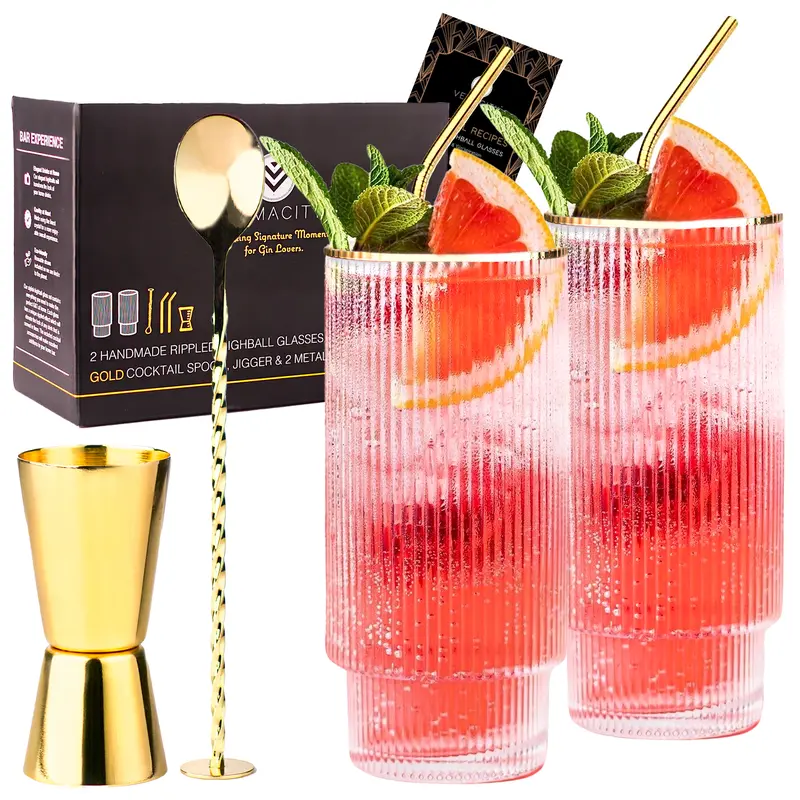 Stunning Ripple Crystal Highball Glasses- 2 Handmade Coffee Glasses + Cocktail Accessories | 2 Metal Straws, Bar Spoon & Jigger Drinkware Reusable Set Stylish 0