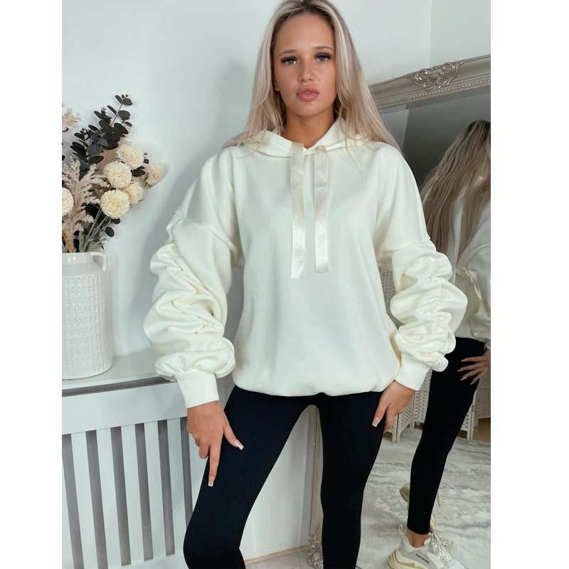 Womens Ruched Sleeve Oversized Hooded With Ribbon Ladies Front Pocket Sweatshirt Jumper Top UK Size 8-22 Womenswear Sweaters Casual Underwear Lady 4