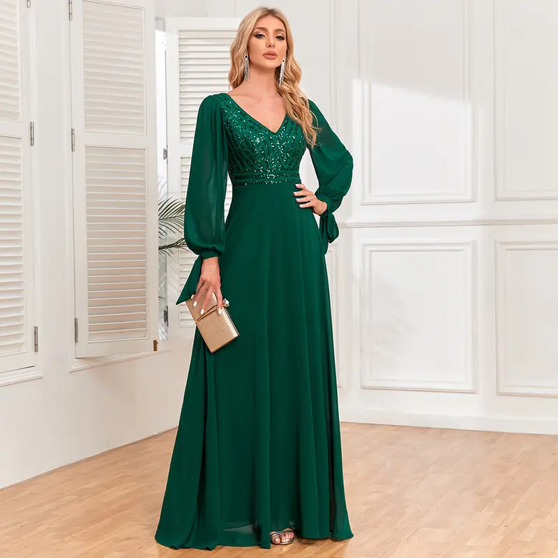 Product Introduction of New long-sleeved lace-up high-quality double V-neck bead splicing chiffon A-shaped large pendulum fully lined party evening dress 7