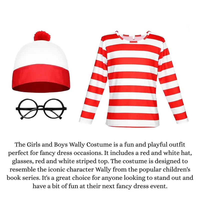 Wally Boys & Girls Unisex Red & White Striped T-Shirt, Hat & Glasses | Kids Children's Fancy Dress Costume For Book Week Day, School Cosplay Party 2