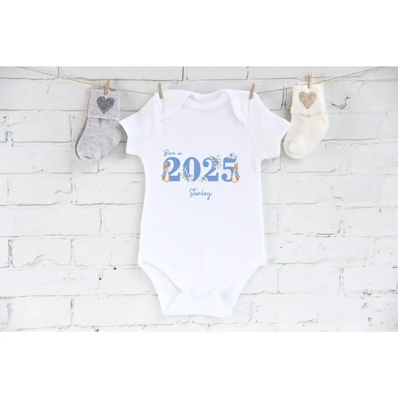 Personalised Peter Rabbit Born in 2025 Baby Outfit, Coming Home - New baby arrival Vest, Rompersuit 1