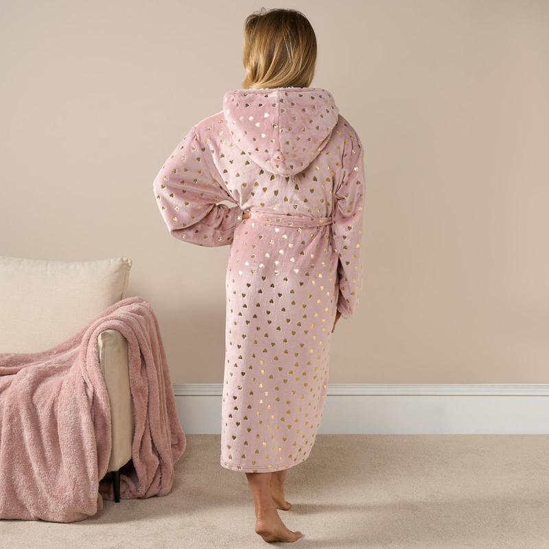 OHS Womens Hearts Stars Foiled Soft Cosy Sherpa Fleece Robe Dressing Gown 1