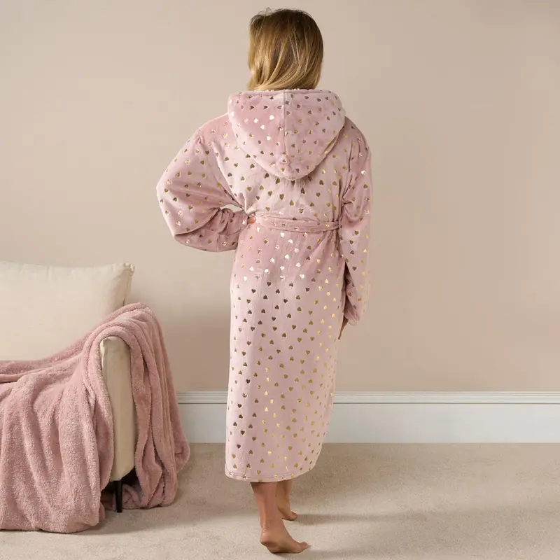 OHS Womens Hearts Stars Foiled Soft Cosy Sherpa Fleece Robe Dressing Gown 1