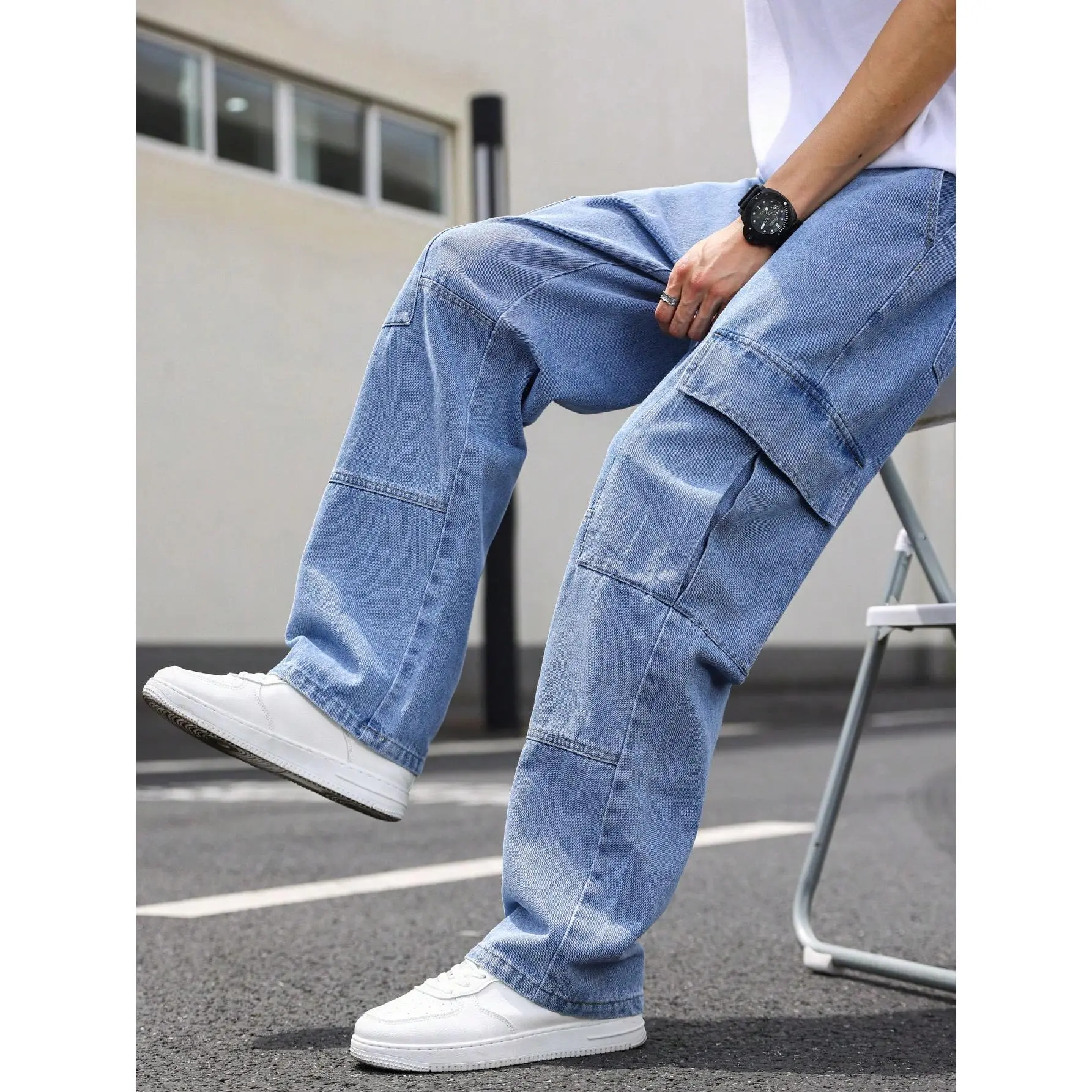 Manfinity EMRG Men's Casual Cargo Jeans With Flap Side Pockets