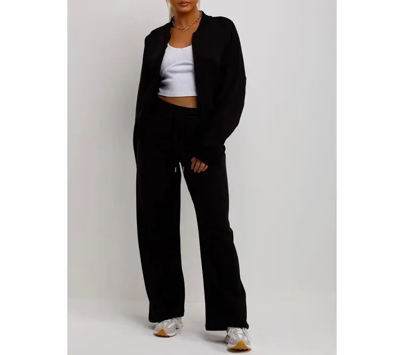 Bomber Sweatshirt With Zip And Joggers Loungewear Set Black Womenswear 3