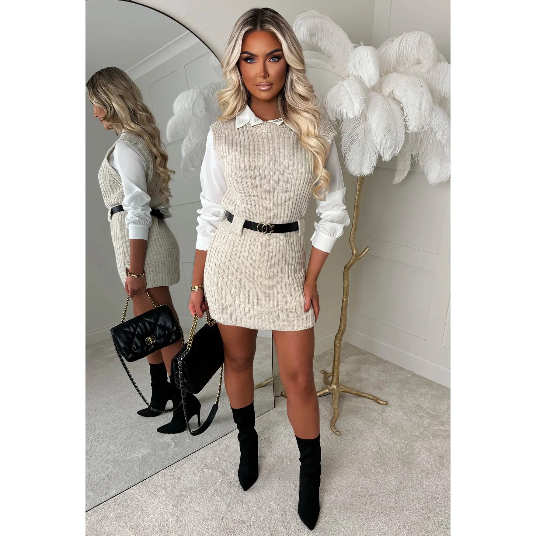 Flirt Fever Beige 2 In 1 Belted Shirt Knitted Dress