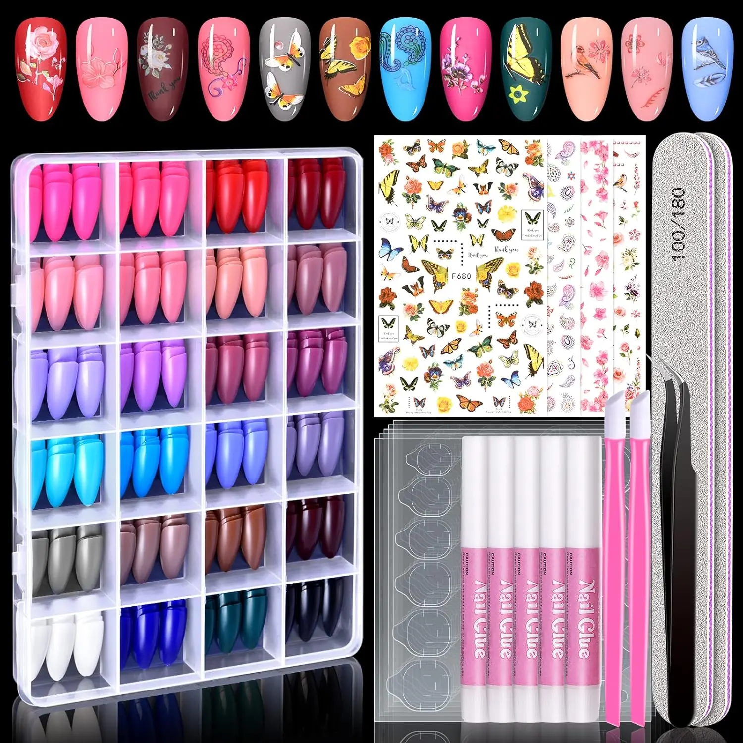 720PCS Almond Press on Nails Medium, MORGLES 24 Colors False Nails with Glue, Adhesive Tabs, Stickers, Tweezer, 10 Sizes