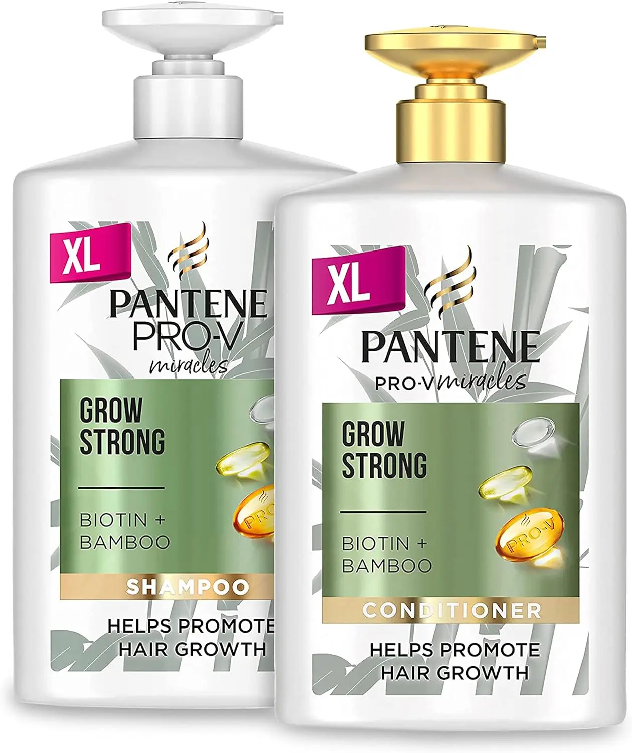 Pantene Grow Strong Shampoo and Conditioner Set, XL Hair Growth Shampoo For Dry Damaged Hair, Helps Reduce Hair Loss with Bamboo and Biotin, VALUE PACK, 2x 1L