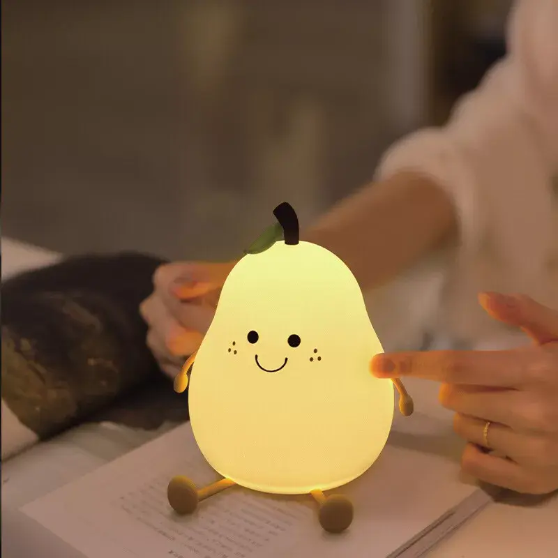 LED Pear Night Light Table Lamp Color Change USB Rechargeable for Bedroom UK - Cute Silicone Design Cable Charging 3
