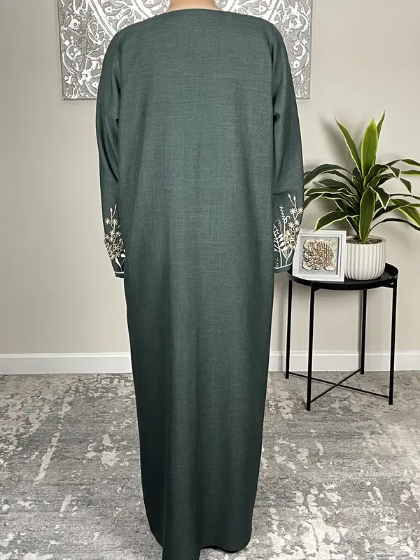Forest Green Open Linen Abaya with Embroidered Sleeves 3