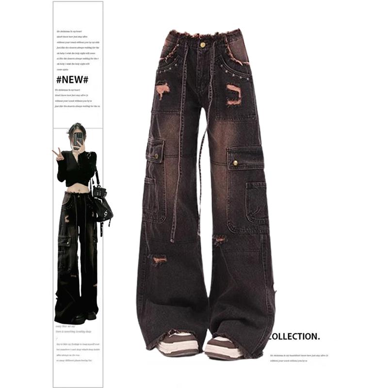 Product Introduction of Women's 90s Vintage Black Gothic Cargo Jeans Y2k High Waist Wide Leg Denim Trousers Harajuku Baggy Jean Pants Emo 2000s Clothes 2