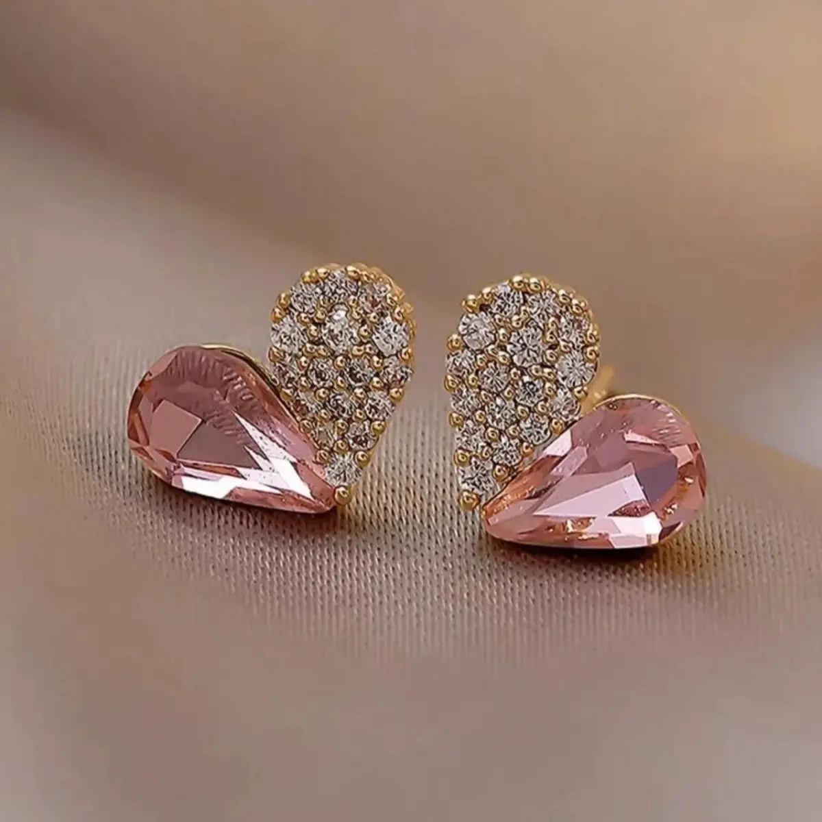 Pink Crystal Glass Rhinestone Heart Stud Earrings