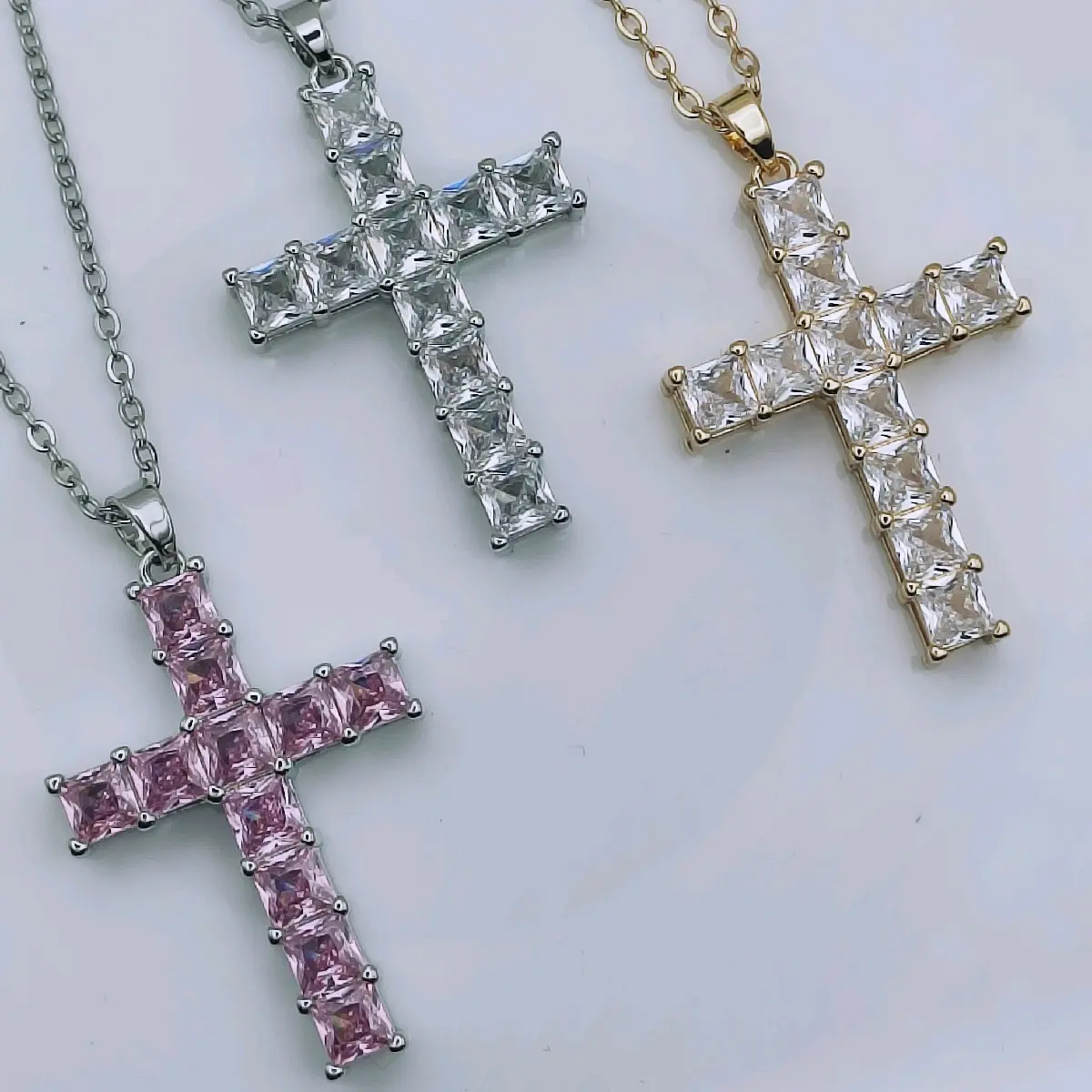 Silver and gold plated cross pendant necklace with cubic zirconia