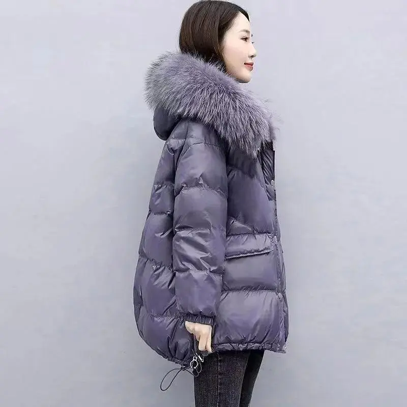 2025 Winter New Warm Down Cotton Jacket With Large Fur collar Hooded Coat Loose Women Thicken Parker Puffer Overcoat Casual wear 4