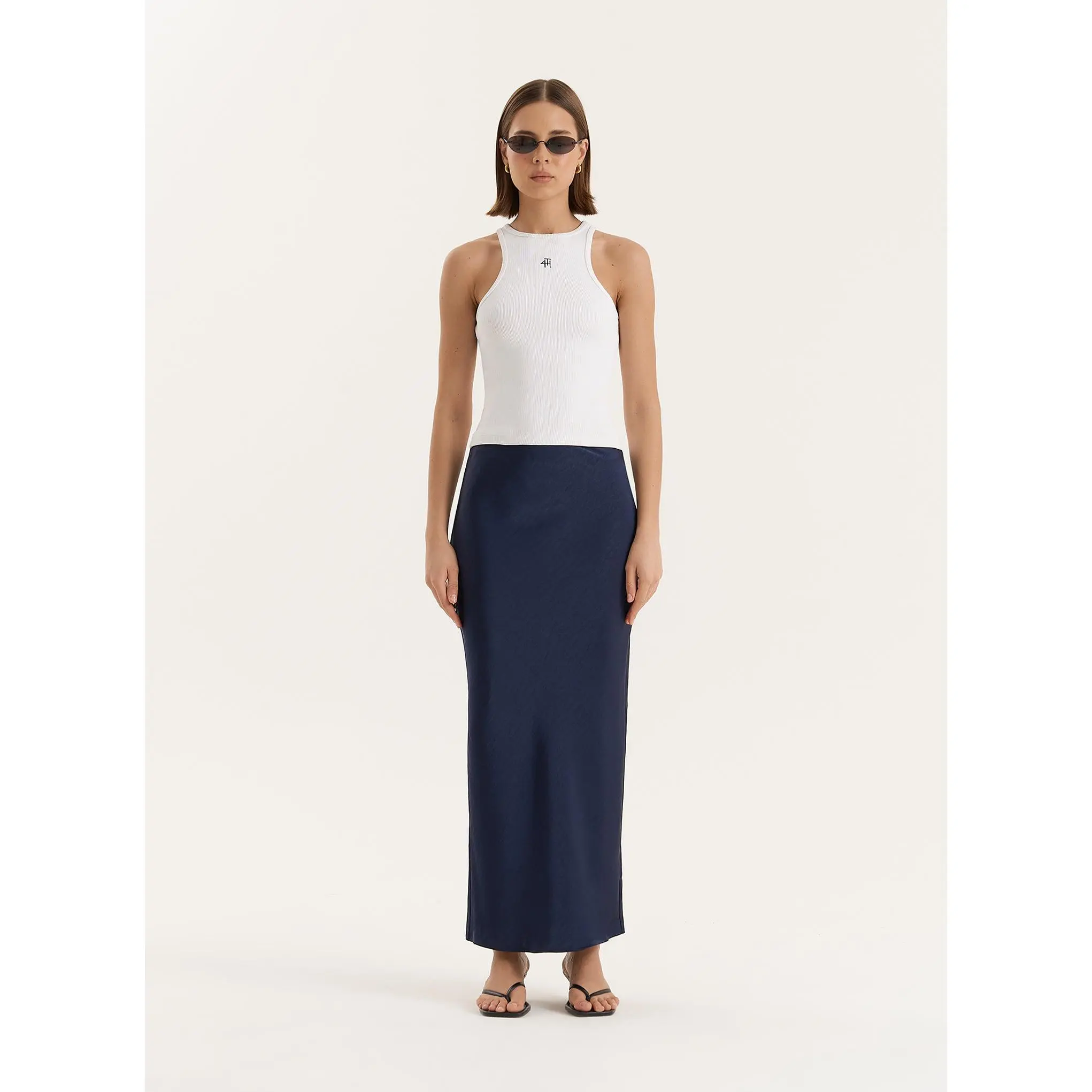 Navy Satin Maxi Skirt- Novah