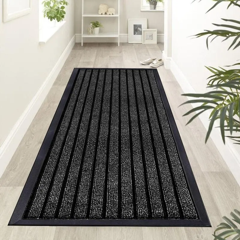 Black Door Mat, PVC Dirt Trapper with Non Slip Rubber Back for Room, Kitchen, Bathroom, Hallway - Large Grey Rug for Indoor & Outdoor