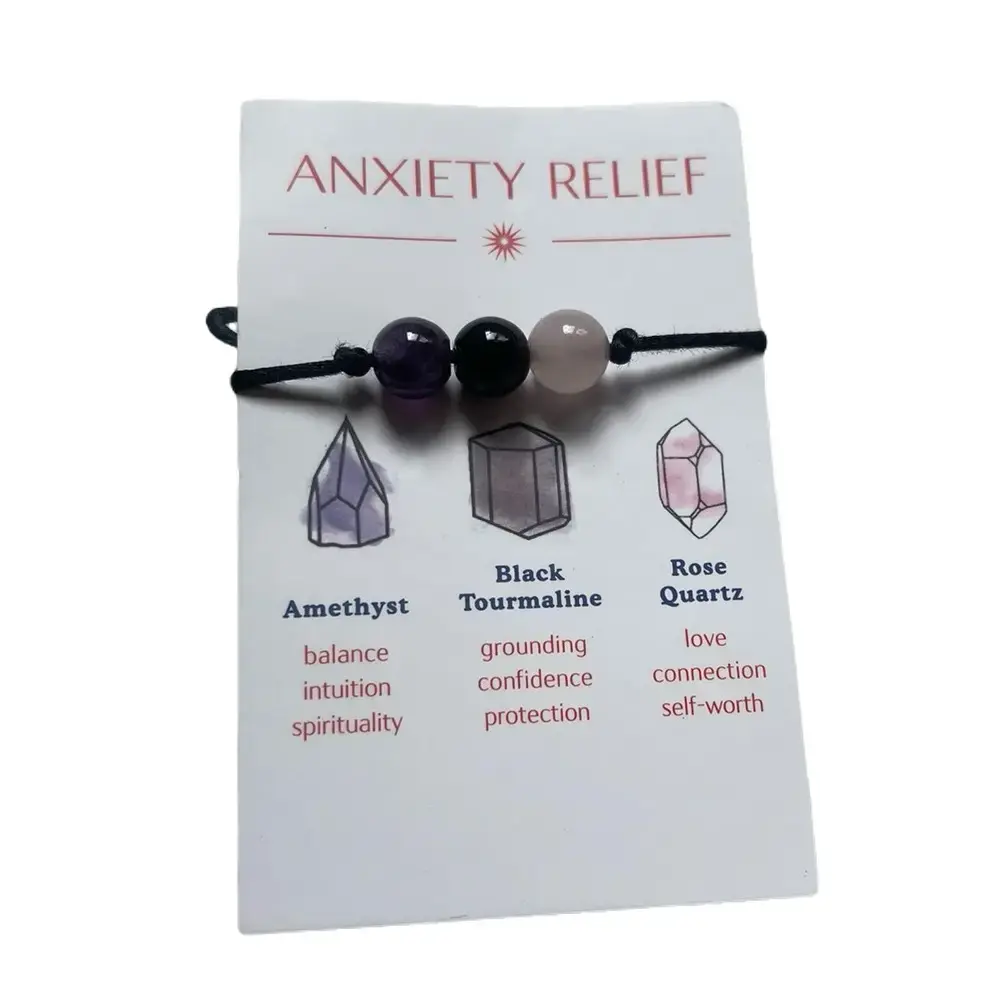 Anxiety Relief Crystal Cord Bracelet - Affordable, Adjustable and portable Stress relief. Amethyst, Black Tourmaline and Rose Quartz crystals of tumbles