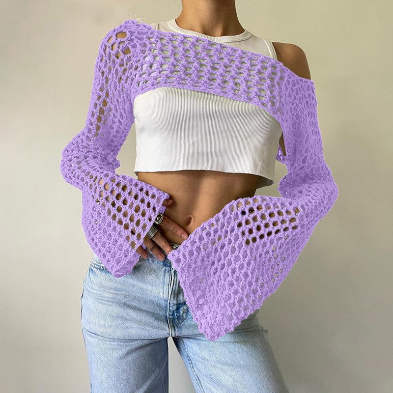 Product Introduction of Women Big Fishnet Long Sleeve Cropped Sweaters Summer Fashion Lady O-Neck Flare Sleeve Hollow Out Short Knitted Pullovers Knitwear Womenswear 14