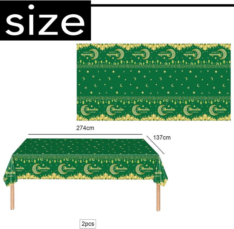 Green Gold Eid Mubarak Tablecloths 137*274cm Ramadan Mubarak Table Cover,2pcs Moon&Star Rectangular Plastic Disposable Tablecover for Ramadan Umrah Mubarak Islam Muslim Home Room Dinning Table Decor Set Gift Ornaments Decoration 1