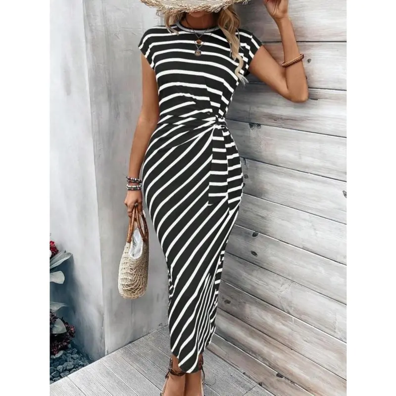 Women's Striped Print Knot Batwing Sleeve Dress, Dress in Club for Women, Summer Dresses 2024, Long Black Ladies Fancy Dress, Sundress Maxi Dress, Ladies Muscle Mommy Coming Home Outfit, Girls Birthday Gift, Party Dresses， Tall Clothing Women 1
