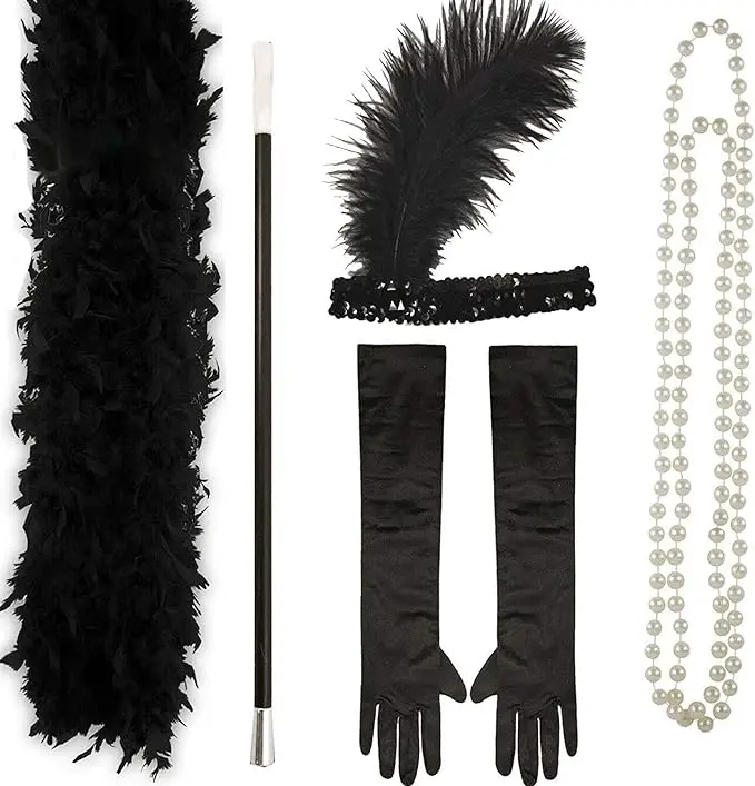 1920s Flapper Ladies Costume Accessories: Feather Boa, Headband, Gloves, Pearls, Cigarette Holder Party Accessory 0