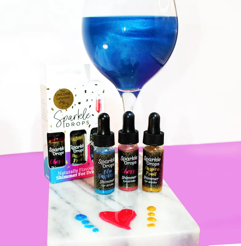 Sparkle Drops Unicorn Collection (Blue Raspberry, Passion Fruit & Cherry) Shimmer Syrup for Drinks-Prosecco, Gin, Vodka, Cocktails & Mocktails - 18-24 Servings. (Dairy Free, Fruity, Low Fat, Natural Flavours) Beverage Sweet edible glitter Set 2