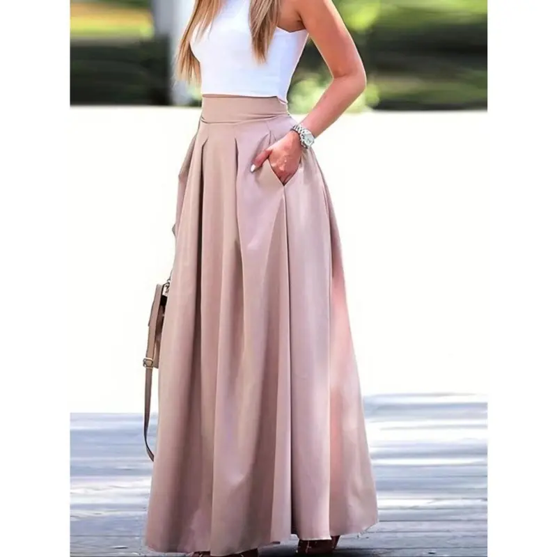 【Plus Size】 Solid Pocket Zipper Back Skirt, Elegant Fashion Casual Long Skirt for Daily Outdoor Wear, Women Plus Clothing for All Seasons 0