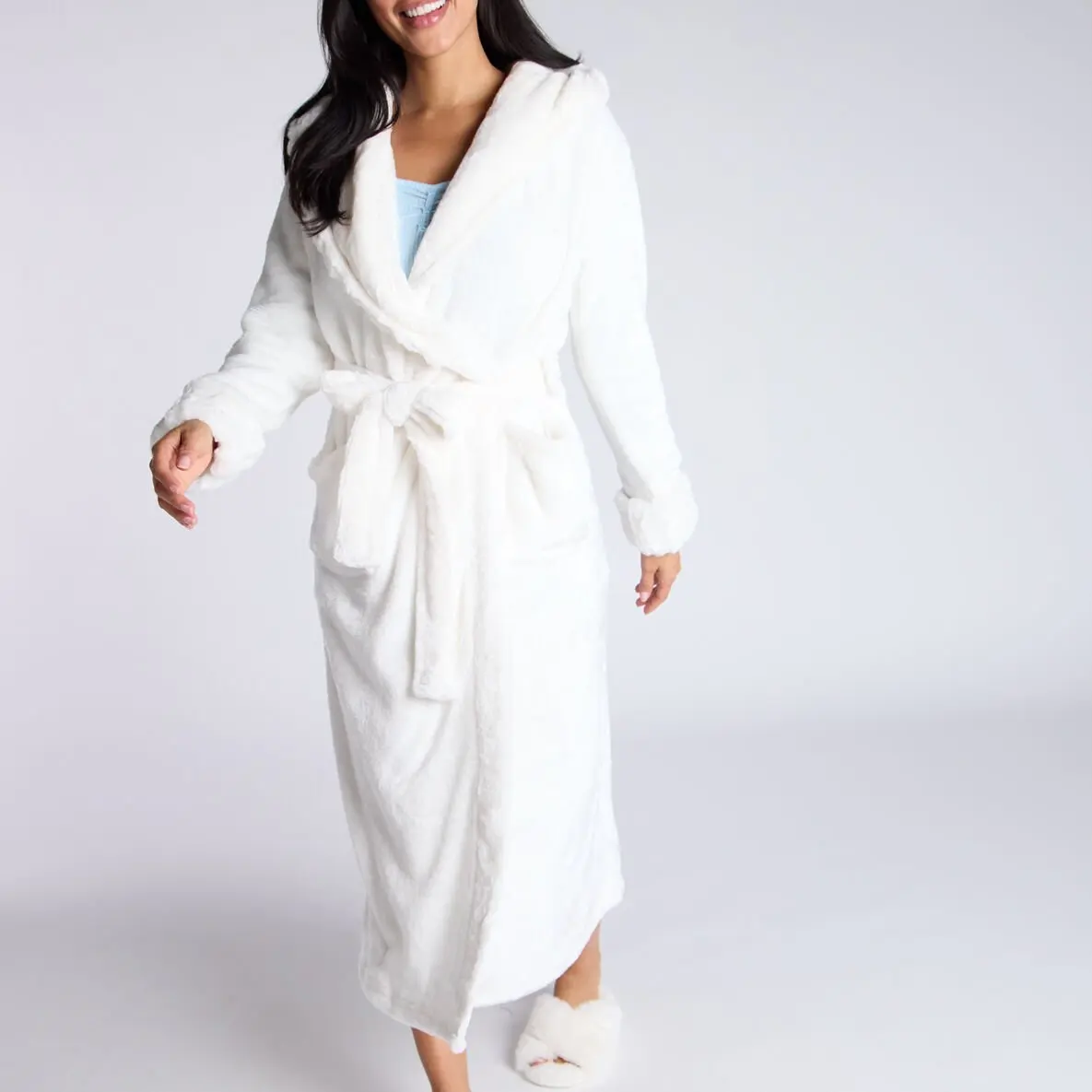 Fluffy cut fur detail long dressing gown