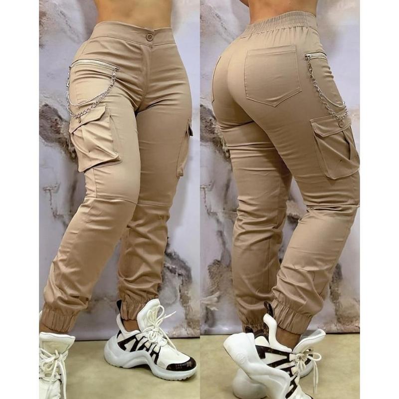 Women's Pants 2024 Autumn Winter Fashion Casual Work Pants Chain Decor Pocket Design Cuffed Cargo Pants Shipped Within 48 Hours Fabric Fit 0
