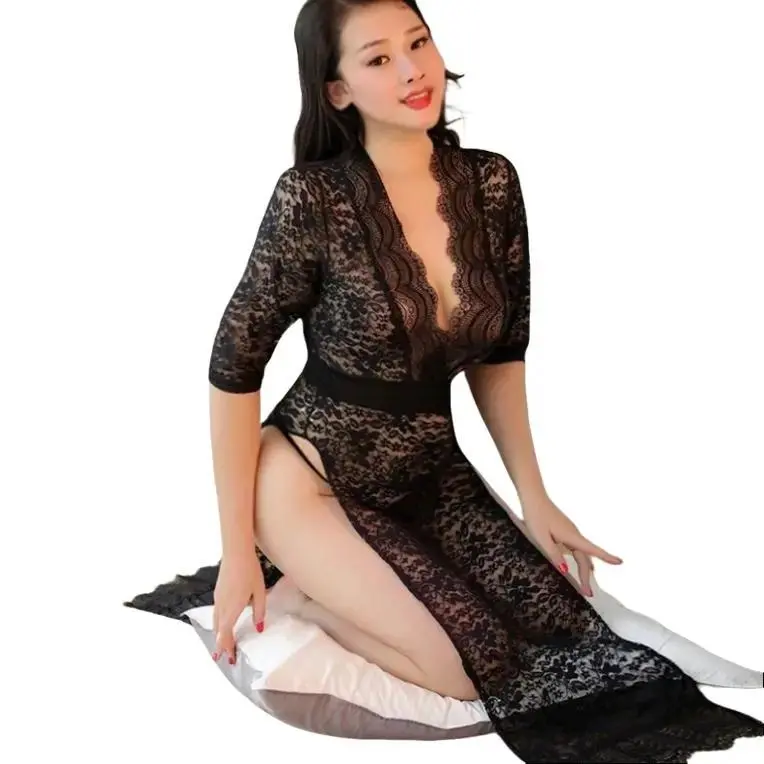 6526 Mid-Sleeve Lace Long Dress Sexy Lingerie Plus Size for Plus Size Women 100kg Temptation Womenswear Comfort Black