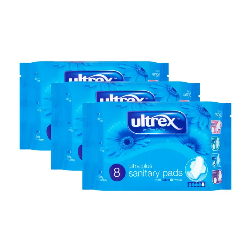 3 x Ultrex Ultra Plus Sanitary Pads with Wings 8's - Comfort and Protection 0