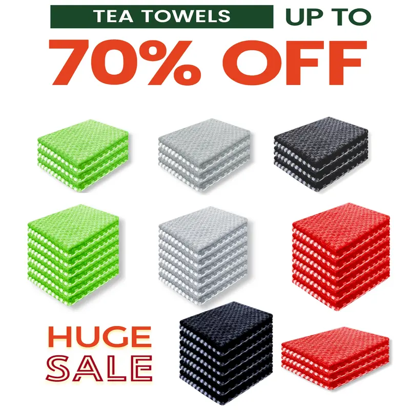Mono Check Tea Towels Pack of 6 or 12 - Cotton Absorbent Long Lasting Kitchen Tea Towels Set Cleaning Cloth 0