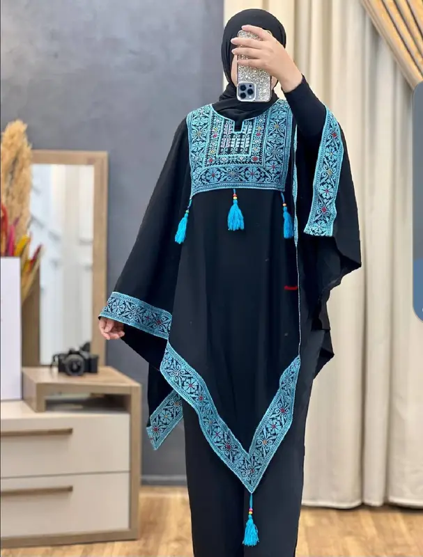 Todays Look: (TOP ONLY)Black and blue Crepe shawl with Embroidery for Women Palestinian Culture Style 1
