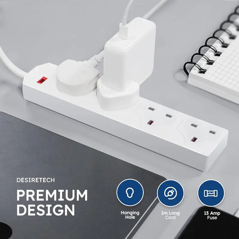 White Electric Extension Lead - 4 Gang, 1 Metre Cable with UK Plug & 3 Pin Socket - Wall Mountable & Multi Socket Mains Strip for Home, Bedroom, Kitchen, & Office (1 Pack) 3