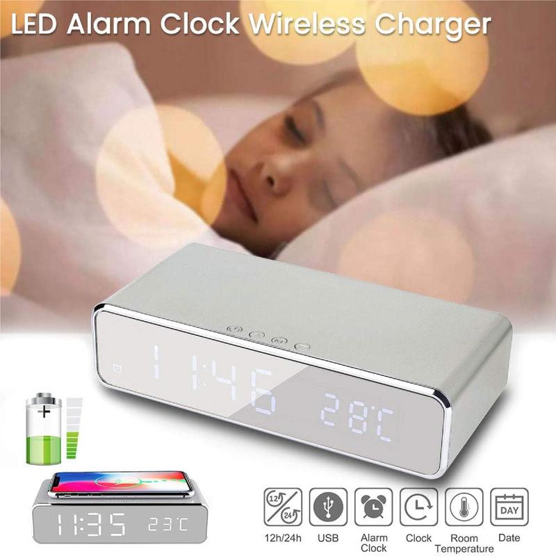 Digital Alarm Clock with Wireless Phone Charger 2 in 1 Bedside Alarm Clock Wireless Charger with Temperature Super Fast USB Rechargeable Non Ticking Mains Powered Charging Smartphone Electronic Cellphone Mobile Christmas Gift wireless charging station 3
