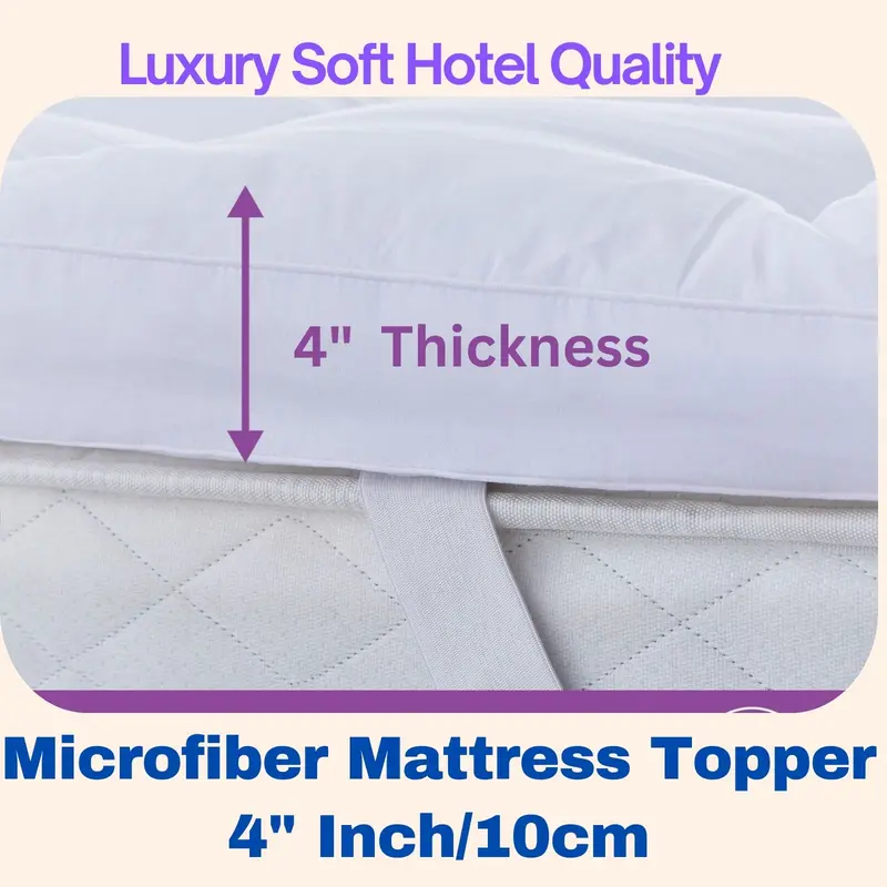 Hotel Quality Microfiber Mattress Topper 4" Inch/10cm Deep Luxury Soft skin-friendly flat weave breathable machine washable 4